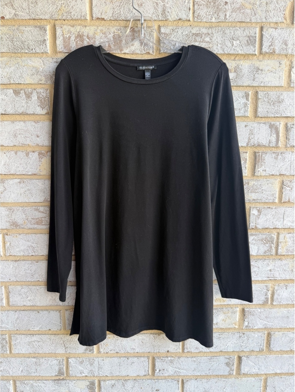 Eileen Fisher Long Sleeve Round Neck Stretch Black Tunic Blouse Women's Size M